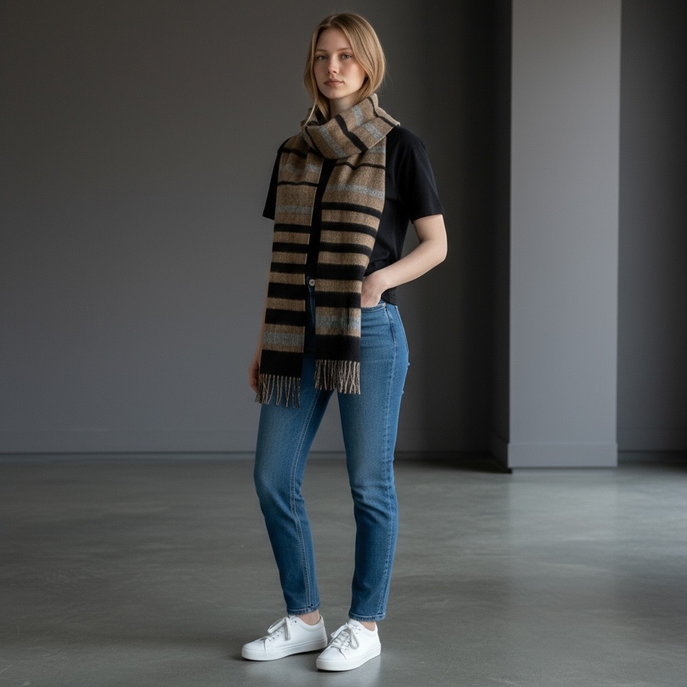 Phenix Wool Blend Striped Fringe Scarf SO SOFT Preppy Academia